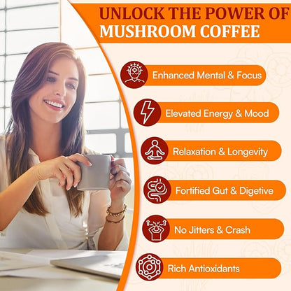 Mushroom Coffee - Mushroom Coffee Organic with 11 Superfood Mushrooms, Includes Lion's Mane, Reishi, Chaga, Cordyceps and Adaptogen*, Mushroom Supplement for Energy, Focus, Memory and Immunity - 53oz