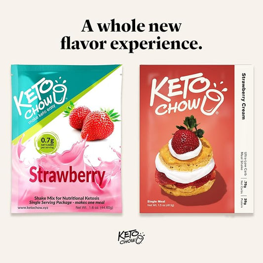 Keto Chow Strawberry Cream - Keto Meal Replacement Shake Powder - Nutritionally Complete - Low Carb - Delicious Easy Meal Substitute - Protein Rich You Choose The Fat - Single Meal Sample