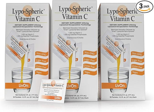 LivOn Laboratories Lypo–Spheric Vitamin C – 3 Cartons (90 Packets) 1,000 mg 1,000 mg 100% Non–GMO