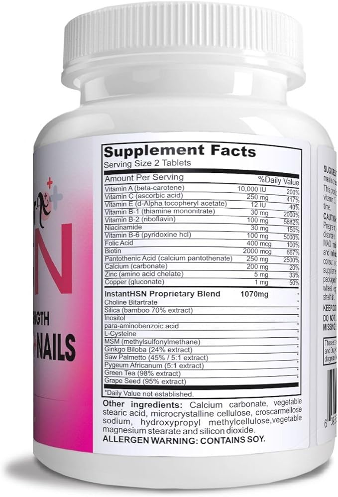 Instant HSN All-Natural Hair, Skin, and Nails Strengthening Formula Maximum Strength Purest Biotin Hair Growth Supplement, Complete Blend of Daily Hair, Skin, and Nails Supplement.