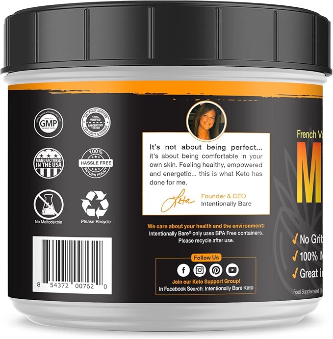Intentionally Bare MCT Oil Powder French Vanilla MCT Coffee Creamer - C8 MCT Oil Powder for Energy Mood & Metabolism - No Grit MCT Powder Excellent in Baking Shakes & Keto Creamer for Coffee - 40 Ser