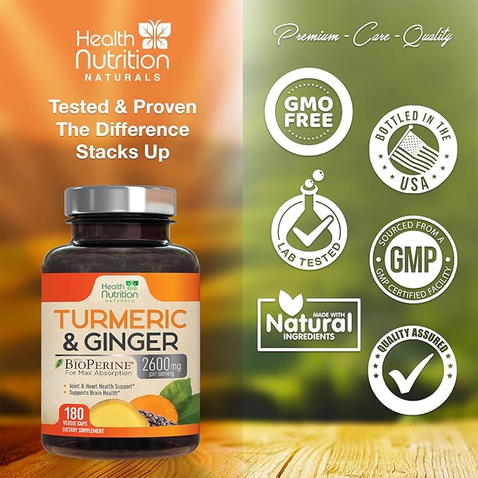 Turmeric Curcumin with BioPerine & Ginger 95% Curcuminoids 2600mg - 180 Capsules