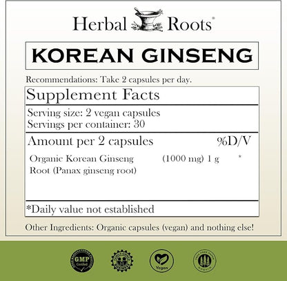 Herbal Roots Panax Ginseng 1000mg | 60 Vegan