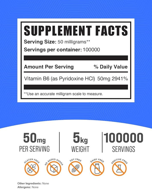BulkSupplements.com Pyridoxine HCl Powder - Vitamin B6 Supplement, Vitamin B6 50mg - for Immune Support, Gluten Free, 50mg of Pyridoxine B6 per Serving, 5kg (11 lbs) (Pack of 5)