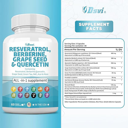 60 Capsules Resveratrol 6000mg Berberine 3000mg 3000mg Quercetin 4000mg Green