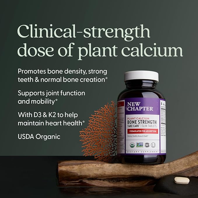 New Chapter Calcium Supplement - Bone Strength Organic Calcium with Magnesium, Vitamin D3+K2, 70+ Trace Minerals for Bone Health, Gluten Free, Easy to Swallow Slim Tablets - 60 Count