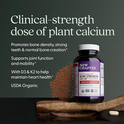New Chapter Calcium Supplement - Bone Strength Organic Calcium with Magnesium, Vitamin D3+K2, 70+ Trace Minerals for Bone Health, Gluten Free, Easy to Swallow Slim Tablets - 120 Count