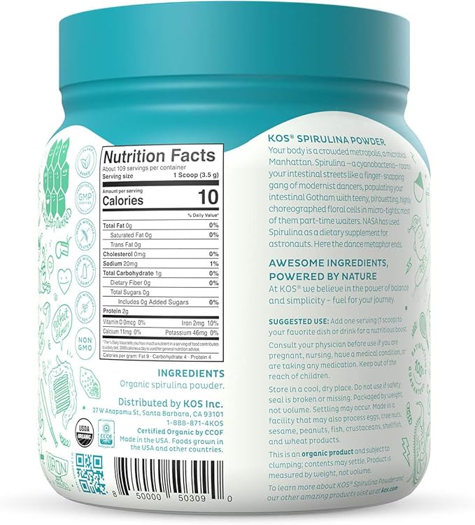 KOS Organic Spirulina Powder 109 Servings (13.5oz)