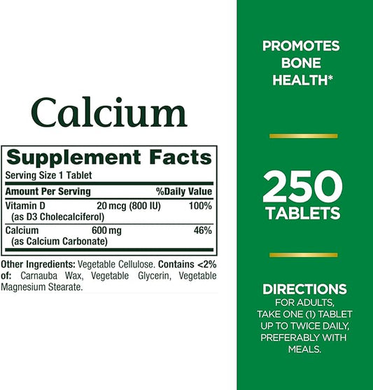 Nature's Bounty Calcium Carbonate & Vitamin 600mg Calcium 800IU Vitamin D3, 250 250 Tablets