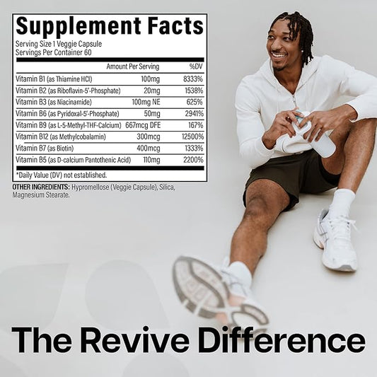Revive MD Vitamin B Complex Capsules - Supports Heart Health & Immune System - B-Complex Vitamin Supplement for Women & Men - Vitamin B12 Complex Promotes Healthy Brain Function & Boosts Energy