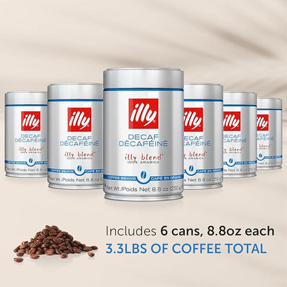 illy Whole Bean Coffee - Perfectly Roasted Whole Coffee Beans – Classico Decaf Roast - with Notes of Caramel, Toasted Bread & Chocolate - 100% Arabica Coffee - No Preservatives – 8.8 Ounce, 6 Pack