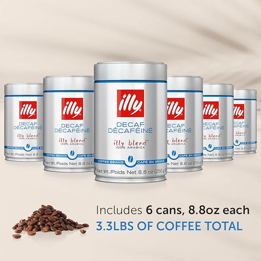 illy Whole Bean Coffee - Perfectly Roasted Whole Coffee Beans – Classico Decaf Roast - with Notes of Caramel, Toasted Bread & Chocolate - 100% Arabica Coffee - No Preservatives – 8.8 Ounce, 6 Pack