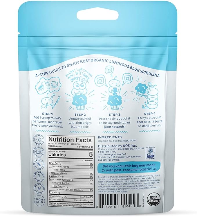 KOS USDA Organic Blue Spirulina Powder, Phycocyanin 27 Servings