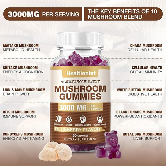 2 Packs 3000MG Mushroom Complex Gummies 10 Blend - Lion's Mane Gummies for Adults, Cordyceps, Shiitake, Reishi, Chaga, Brain, Immune Support & Stress Relief, Energy Mushroom Supplement for Men & Women