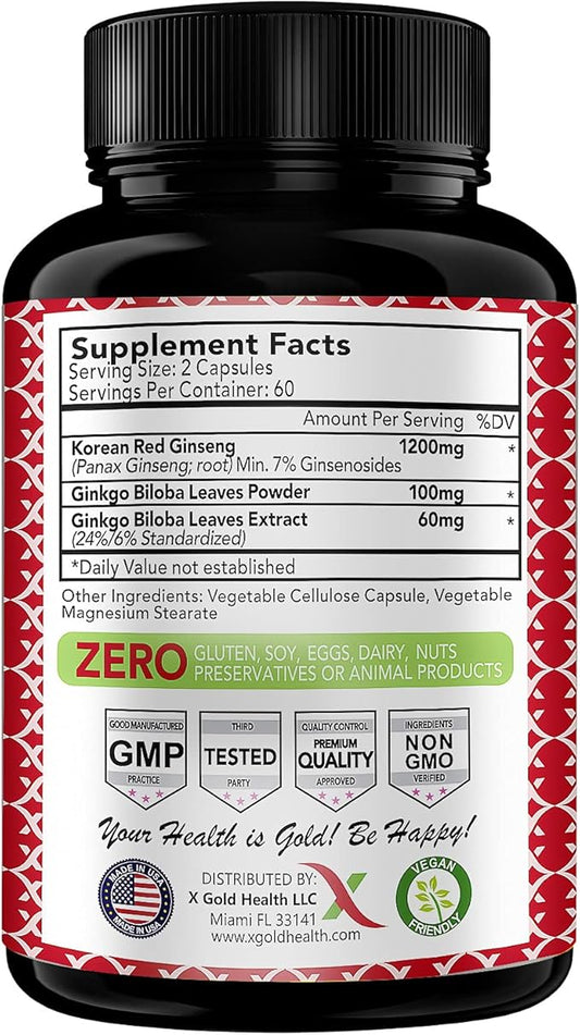 Korean Red Panax Ginseng 1200mg + -120 Vegan