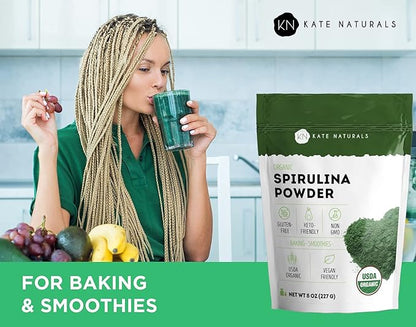 Kate Naturals Organic Spirulina Powder for Immune Support and Antioxidants. Nutrient Dense Superfood Supplement (8 oz, USDA Certified, Non-GMO, Gluten- Free)