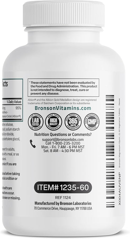 Bronson Magnesium Glycinate 400mg Extra Strength, Vegetarian, Chelated for Absorption Gentle on The Stomach, Non-GMO, 60 Tablets