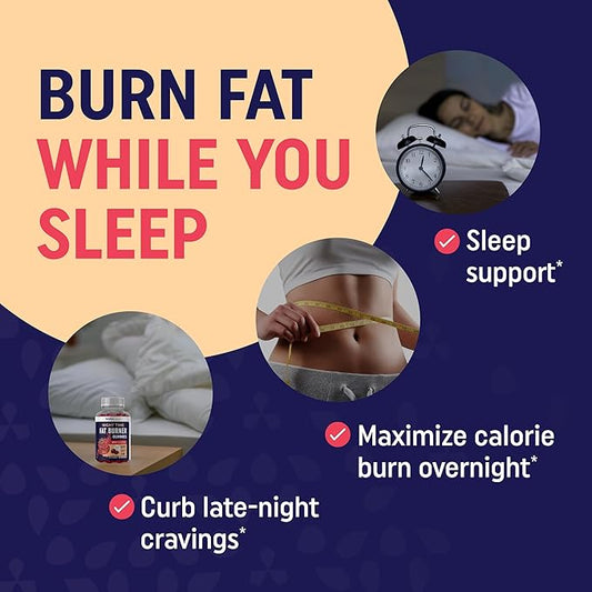 Night Time Fat Burner Gummies with Zero Sugar for Sleep & Weight Loss Support | Hunger Suppressant & Metabolism Booster, Shred Belly Fat While You Sleep | Diet Supplement for Women & Men | 60 Ct.