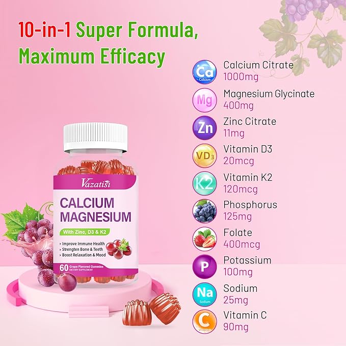 Calcium Magnesium Zinc Gummies with Vitamin D3 & K2, High 120 Gummies…