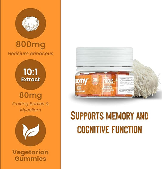 Troomy Lion's Mane Focus Gummies 30 Count - Natural Tangerine and Passionfruit Flavor, Gelatin-Free, Gluten-Free, Vegetarian