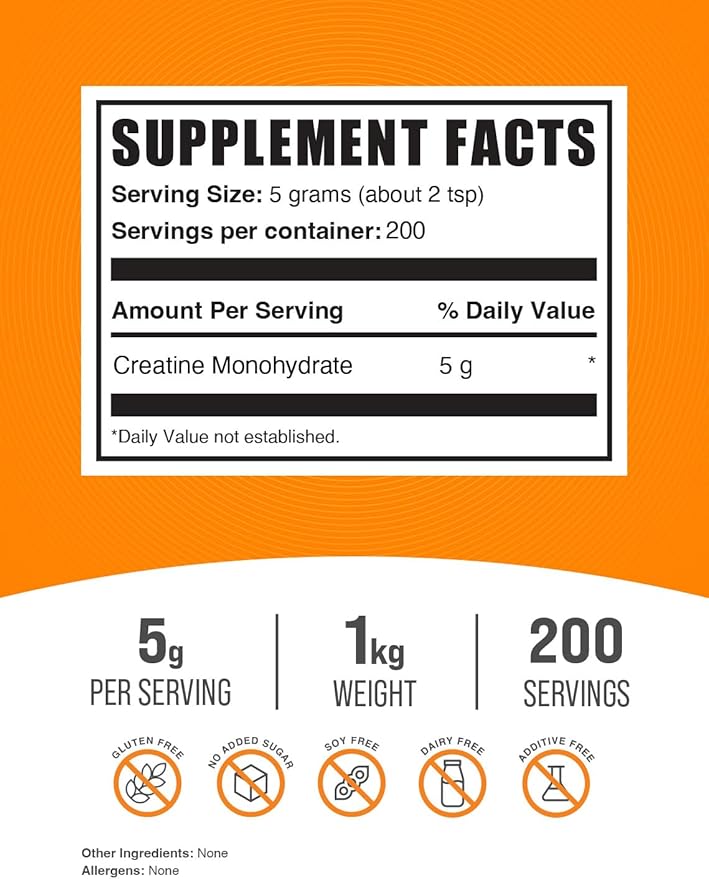 BulkSupplements.com Creatine Monohydrate Powder 1kg, Creatine 5g (5000mg) (5000mg) per 1kg (2.2 (2.2 lbs) 1)