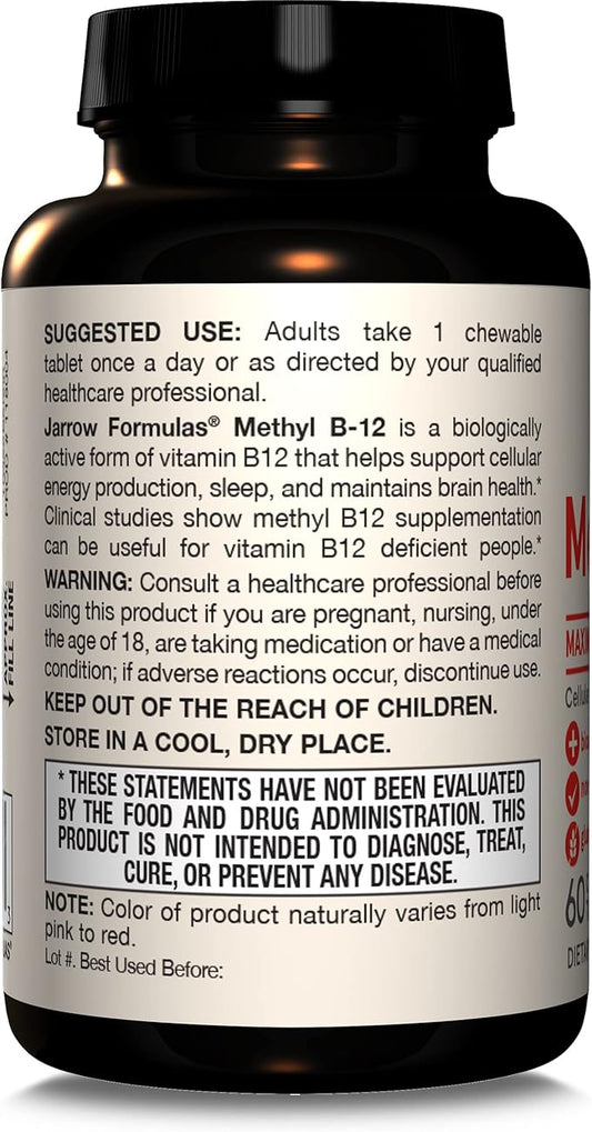 Jarrow Formulas Maximum Strength Methyl B-12 5000 mcg, Dietary Supplement for Cellular Energy Production and Brain Health Support, 60 Cherry-Flavored Chewable Tablets, 60 Day Supply