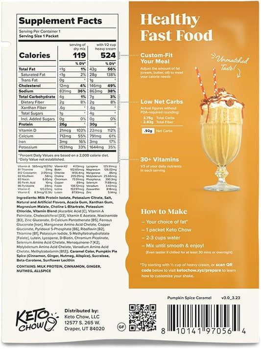 Keto Chow Caramel Pumpkin Spice | Keto Meal Replacement Shake Powder | Nutritionally Complete | Low Carb | Delicious Easy Meal Substitute | Protein Rich You Choose The Fat | 21 Meal Serving