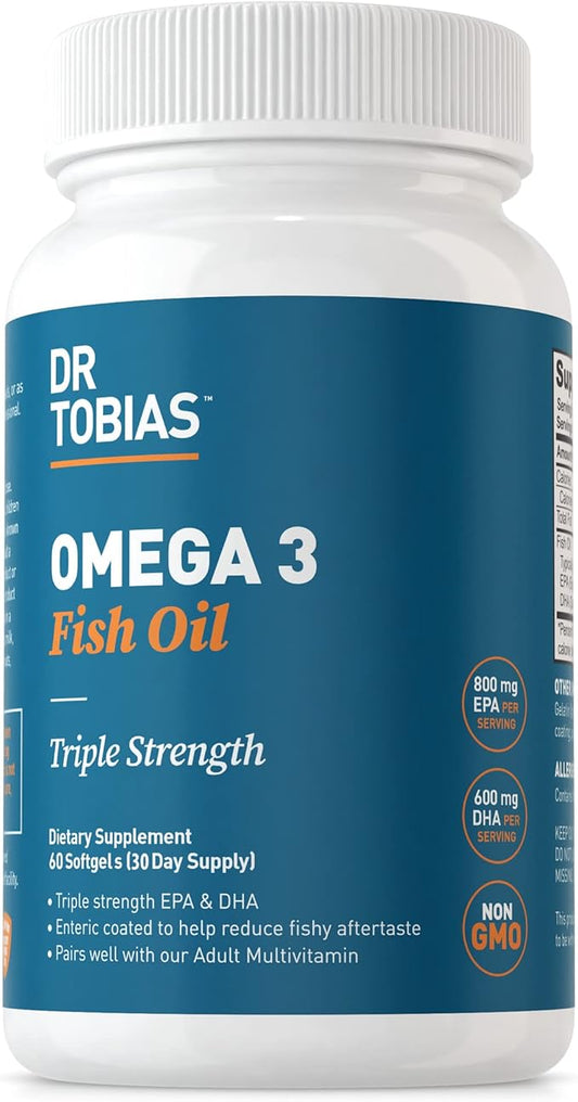 Dr. Tobias Omega 3 Fish Oil, 2000mg Triple 3 Supplement 800mg EPA 600mg DHA 3 Supplements 60 Softgels, 30 Servings