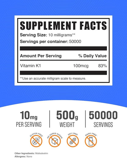 BulkSupplements.com Vitamin K1 (1%) Powder - Vitamin K1 Dogs - Vitamin K Supplements - Vitamin K1 - VIT K - Dry Vitamin K - Vitamin K Supplement (500 Grams - 1.1 lbs)
