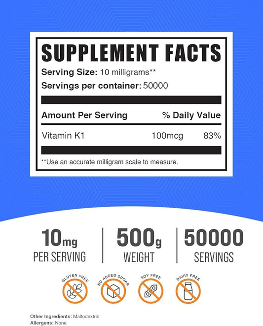 BulkSupplements.com Vitamin K1 (1%) Powder - Vitamin K1 Dogs - Vitamin K Supplements - Vitamin K1 - VIT K - Dry Vitamin K - Vitamin K Supplement (500 Grams - 1.1 lbs)