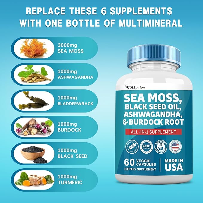Sea Moss 3000mg Ashwagandha 1000mg Black 2000mg Turmeric 1000mg Burdock 1000mg Bladderwrack 1000mg & D3 Elderberry 60 Capsules