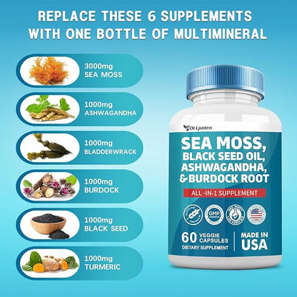 Sea Moss 3000mg Ashwagandha 1000mg Black 2000mg Turmeric 1000mg Burdock 1000mg Bladderwrack 1000mg & D3 Elderberry 60 Capsules