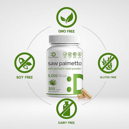 Saw Palmetto Supplement 5000 mg with Pumpkin Seed, 300 Capsules | Promotes Prostate Health | DHT Blocker | Hair Growth Vitamins, Maintain Normal Urinary Frequency