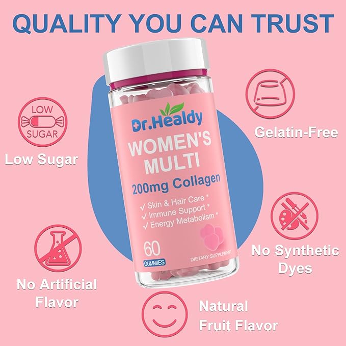 Dr.Healdy Multivitamin Gummies for Women, with 200mg Collagen, Support Your Skin, Nail and Hair Beauty, Folate and Biotin, Support Immune Health, 60 Count