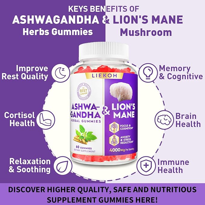 Ashwagandha & Lions Mane Gummies for Adults -Cortisol and Brain Health, 4000mg Ultra Strength Lion's Mane Mushroom Supplements for Cognitive & Immune, Berry Flavor - 180 Organic Mushroom Gummies
