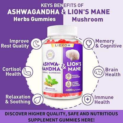 Ashwagandha & Lions Mane Gummies for Adults -Cortisol and Brain Health, 4000mg Ultra Strength Lion's Mane Mushroom Supplements for Cognitive & Immune, Berry Flavor - 180 Organic Mushroom Gummies