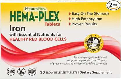 NaturesPlus Hema-Plex Iron - 30 Slow-Release Tablets, Pack of 2 - Total Blood Health - 85 mg Chelated Iron - with Vitamin C & Bioflavonoids - Non GMO, Vegetarian & Gluten Free - 60 Total Servings