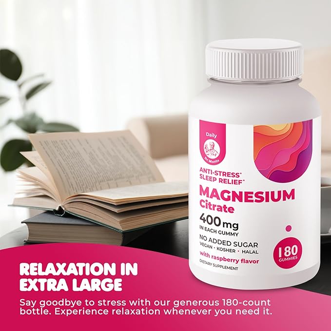 Dr. Moritz Magnesium Gummies for Adults - Low-Sugar Magnesium Gummies 400 mg - Easy to Chew Adult and Kids Magnesium Gummies (180 Count) - Raspberry Flavored Magnesium Citrate Gummies