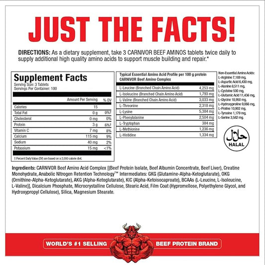 MuscleMeds Carnivor Beef Aminos, Beef Protein Isolate, Beef Liver, Beef Albumin, Creatine, BCAAs for Recovery and Muscle Growth, 300 Tablets