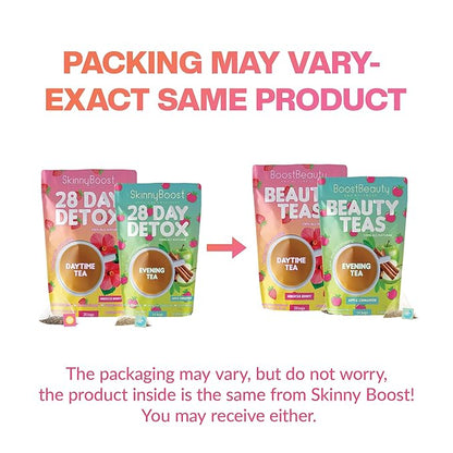 SkinnyBoost 28 Day Detox Tea Kit-1 Daytime Hibiscus (28 Bags) 1 Evening Apple Cinnamon(14 Bags) Non GMO, Vegan, All Natural, Green Tea and Herbal Teas for Natural Detox and Cleanse, Reduce Bloating