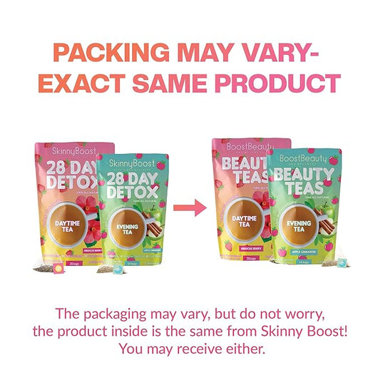 SkinnyBoost 28 Day Detox Tea Kit-1 Daytime Hibiscus (28 Bags) 1 Evening Apple Cinnamon(14 Bags) Non GMO, Vegan, All Natural, Green Tea and Herbal Teas for Natural Detox and Cleanse, Reduce Bloating