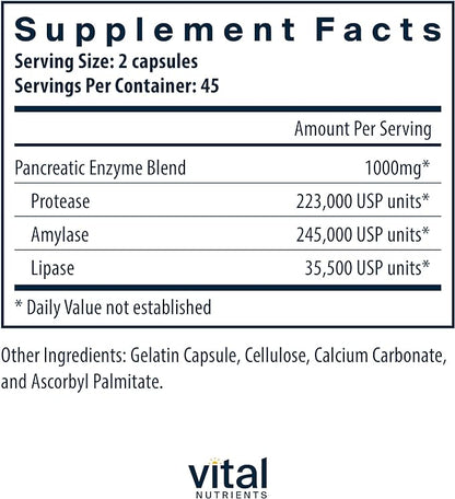 Vital Nutrients Pancreatic Enzymes 1000mg (Full Strength) 90 Capsules