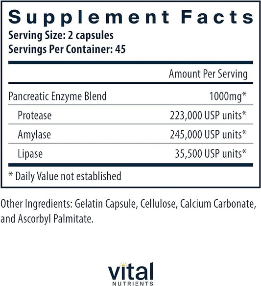 Vital Nutrients Pancreatic Enzymes 1000mg (Full Strength) 90 Capsules