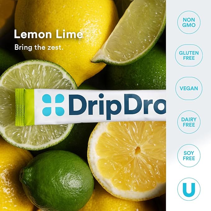 DripDrop Hydration - Zero Sugar Lemon Lime - Electrolyte Drink Mix Single Serve Powder Packets | Non-GMO, Gluten Free, Vegan | 32 Sticks