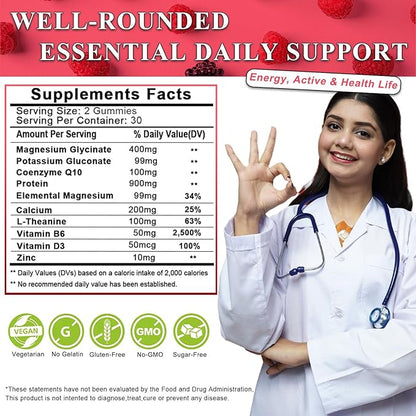 Organic Magnesium Glycinate 400mg Gummies,10-in-1 Magnesium D3 Plus 120-Ct