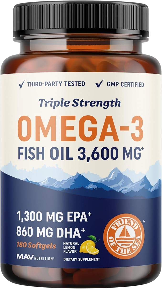 Triple Strength Omega 3 Fish Oil 3600 mg 2100mg of Omega-3 Fatty 1300mg EPA 860mg DHA (180 Ct)