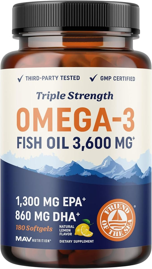 Triple Strength Omega 3 Fish Oil 3600 mg 2100mg of Omega-3 Fatty 1300mg EPA 860mg DHA (180 Ct)
