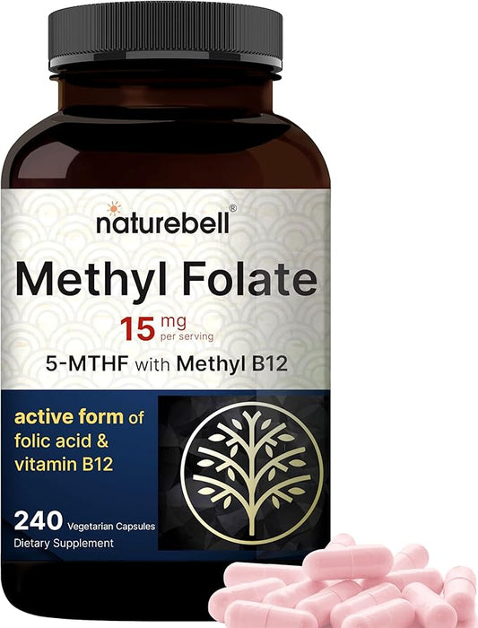 NatureBell L Methylfolate 15mg, 240 Veggie Capsules 5-MTHF with B12 1,000mcg 1,000mcg |