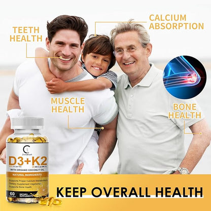 Vitamin D3 K2 Supplement with Vitamin D3 5000 IU, 200 mcg Vitamin K2 MK-7 & Natural Coconut Oil, Plant Based 2-1 Formula for Bone, Teeth, Muscle and Immune Health Support,60 Softgel Capsules, Apple