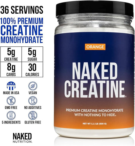 Naked Pure Micronized Orange Creatine Monohydrate - 36 Servings - 500 Grams, 1.1Lb Bulk, Vegan, Non-GMO, Gluten Free, Soy Free. Aid Strength Gains, No Artificial Ingredients Creatine